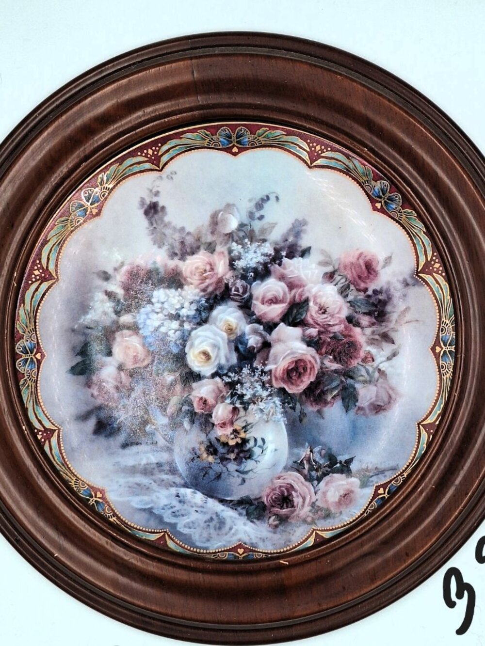 Vintage porcelain floral collector plate se inside a solid wood frame by Lena Li